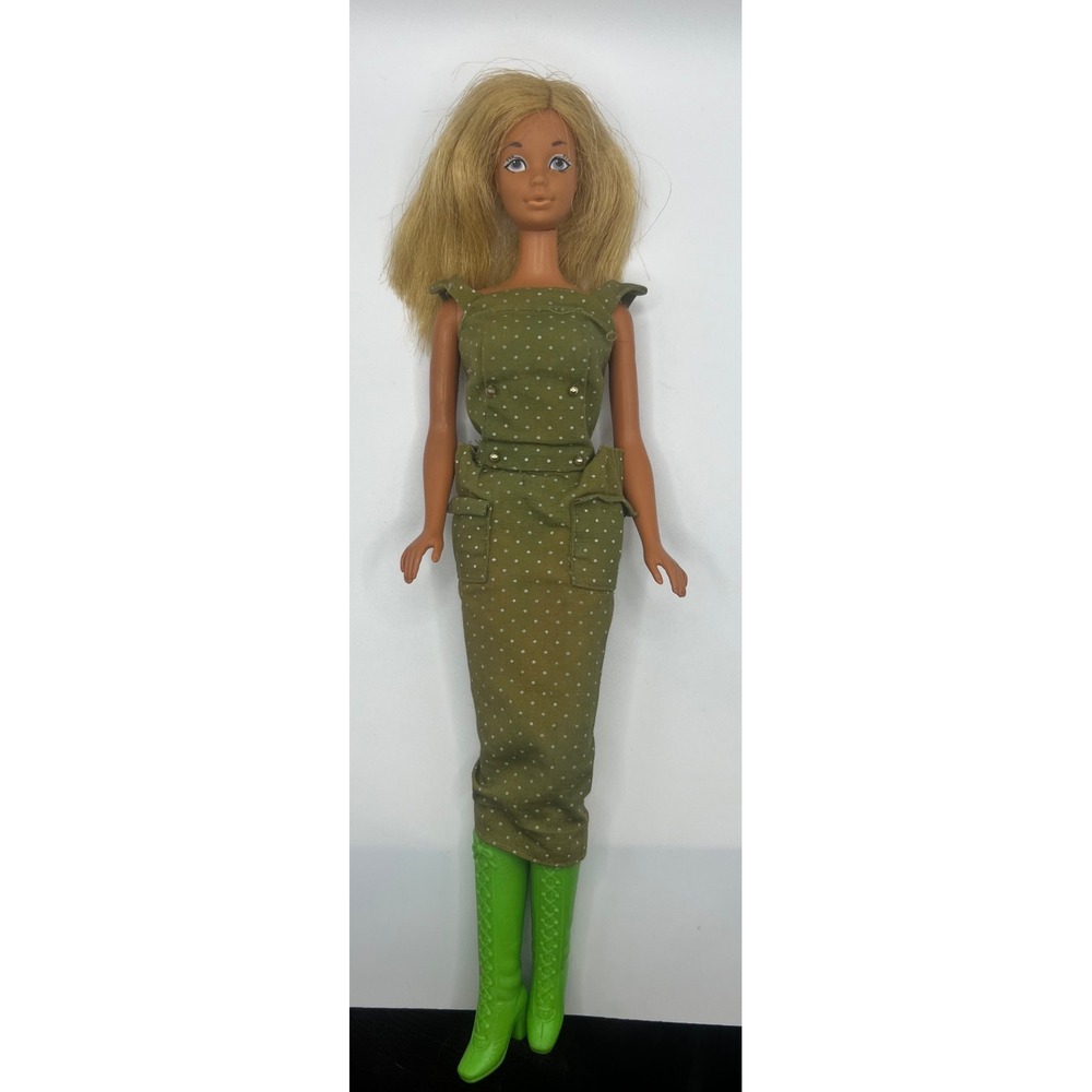 1966 BARBIE‎ Blonde Malibu Twist N Turn W 1960s Olive Green Sheath Dress W Boots